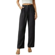 GIRUNS Women's Casual Wide Leg Pants High Waisted Button Loose Pants with Pockets Business Trousers Black L